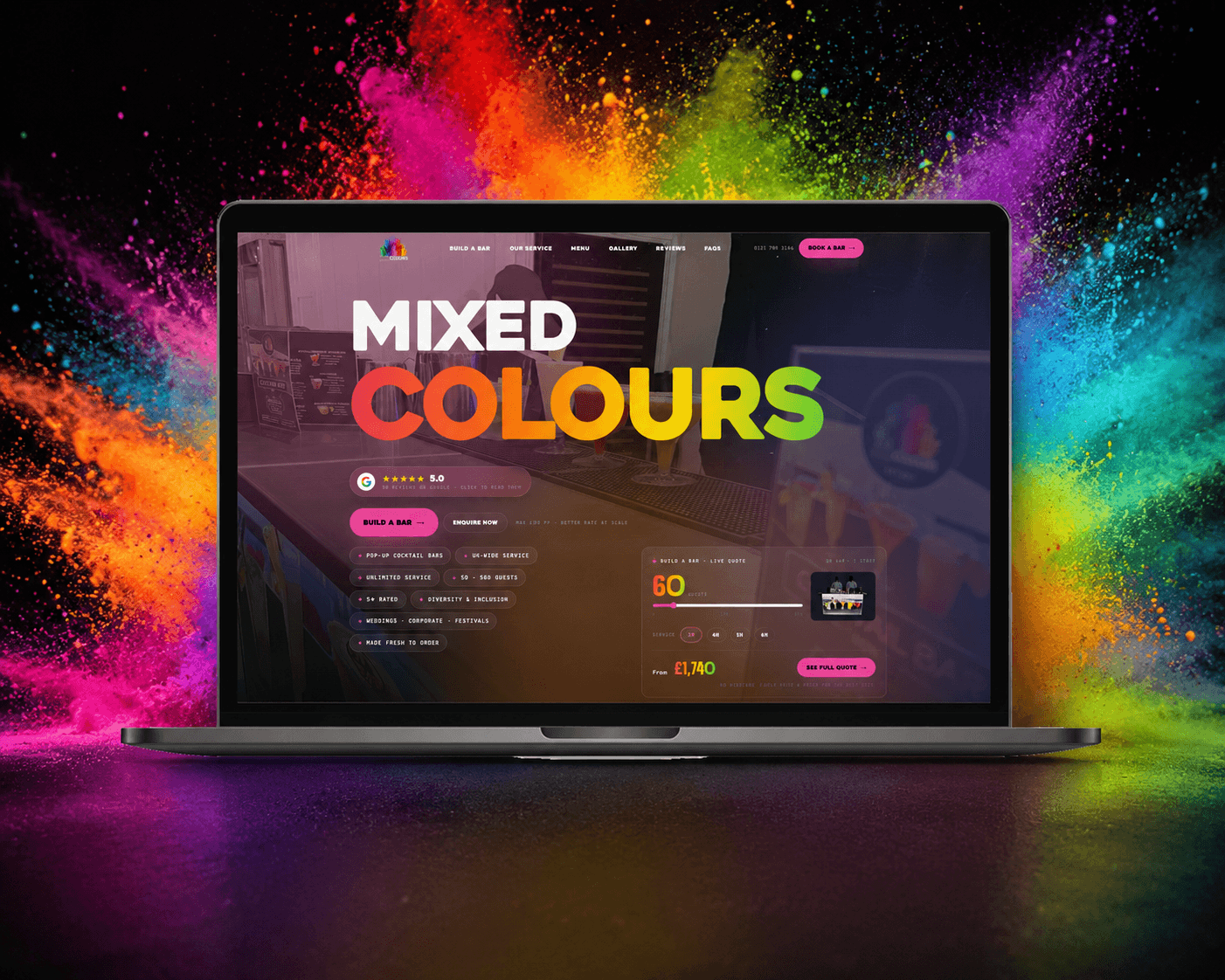Mixed Colours — A bold website refresh for a Birmingham mobile cocktail bar — with an interactive Build-A-Bar tool that quotes events live, from 50 to 500 guests.