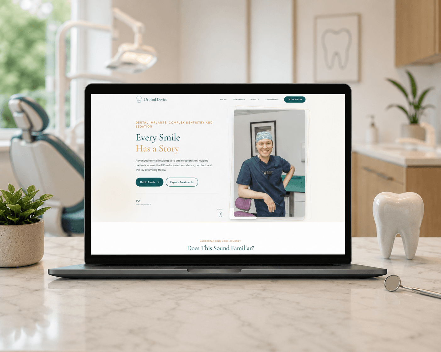 Dr Paul Davies: A first website for a dental implant specialist, after Squarespace couldn't deliver it. Drag-to-compare before & after galleries, plus a chat questionnaire that guides nervous patients into an enquiry.