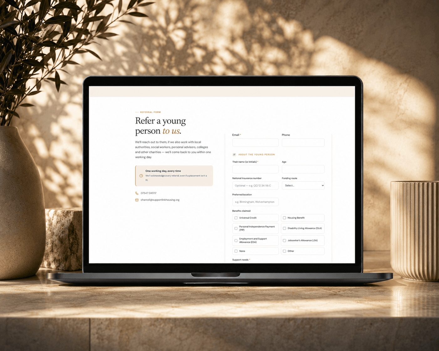 Support Link Housing: A warm, custom-coded site for a Birmingham CIC supporting care leavers aged 18–25, with a detailed referral form that lands straight in their inbox.